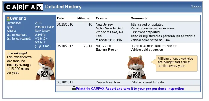 example of a carfax that shows Listed As Manufacturer Vehicle (Sold At Auction)