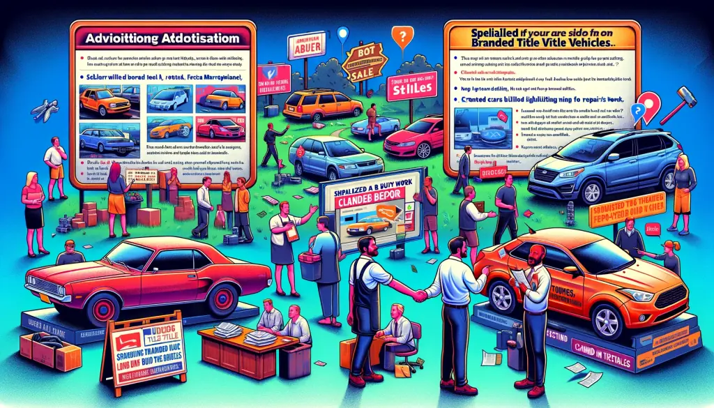 DALL·E 2023 12 05 15.05.20 A dynamic colorful illustration for a blog showing where to advertise rebuilt title vehicles. The image is divided into two main sections 1 On the