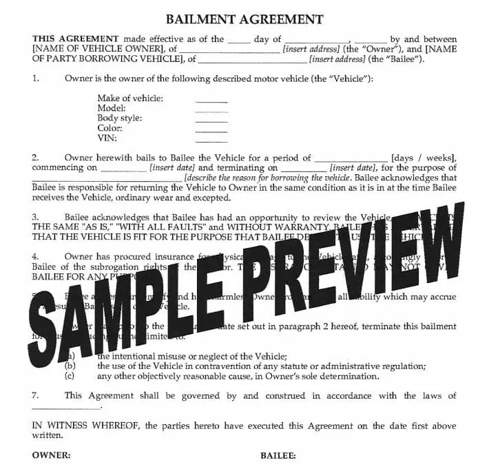 Sample Bailment Agreement