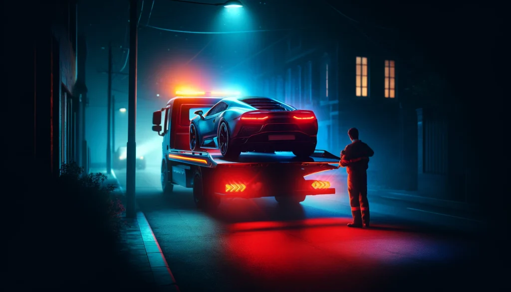 the image depicting a car repossession at night. It captures a tense moment with a tow truck and repossession agent under the dramatic lighting of street lamps, emphasizing the meticulous and urgent nature of vehicle repossession.
