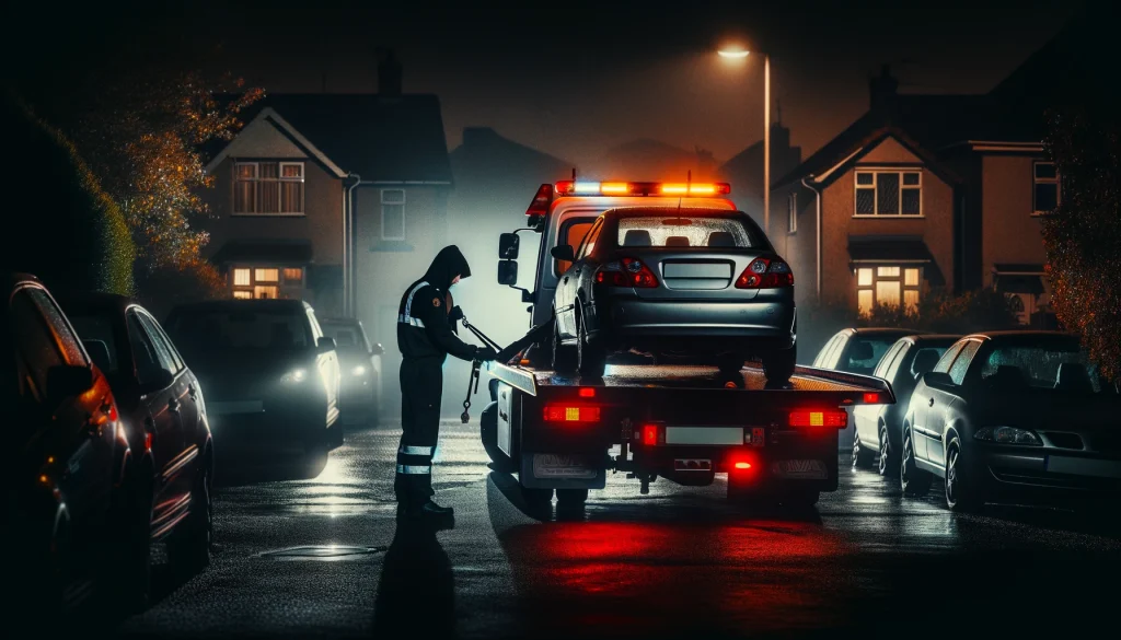 the image depicting a car being repossessed. It captures a dramatic nighttime scene with a tow truck and a repossession agent actively securing a sedan, creating a vivid portrayal of the repossession process.